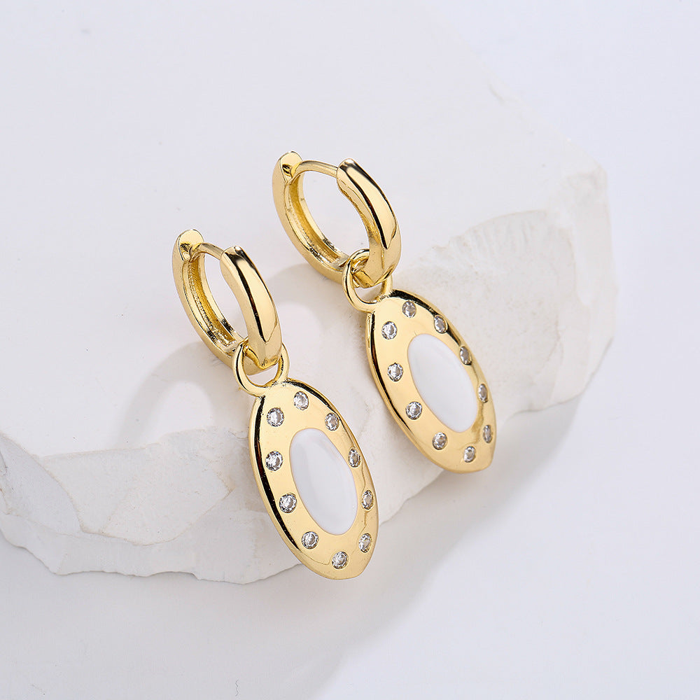 Minimalist Geometric Pendant Earrings in Copper with 18K Gold Plating and Enamel Finish, Micro-Paved Zirconia