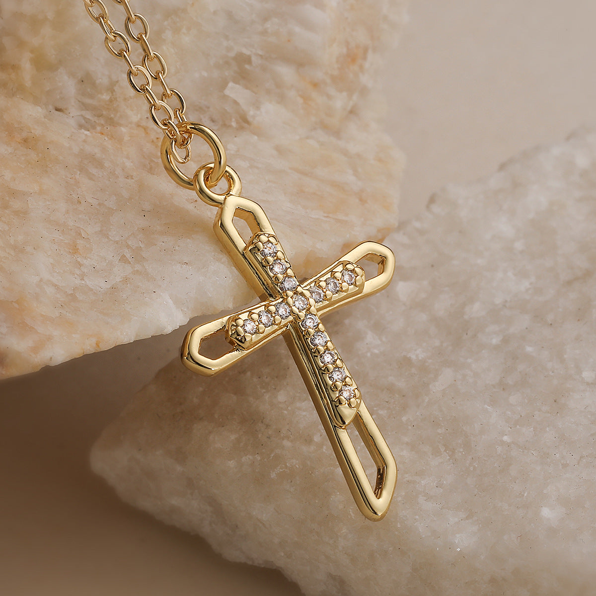 Minimalist Gold Plated Brass Cubic Zirconia Cross Pendant Necklace for Women