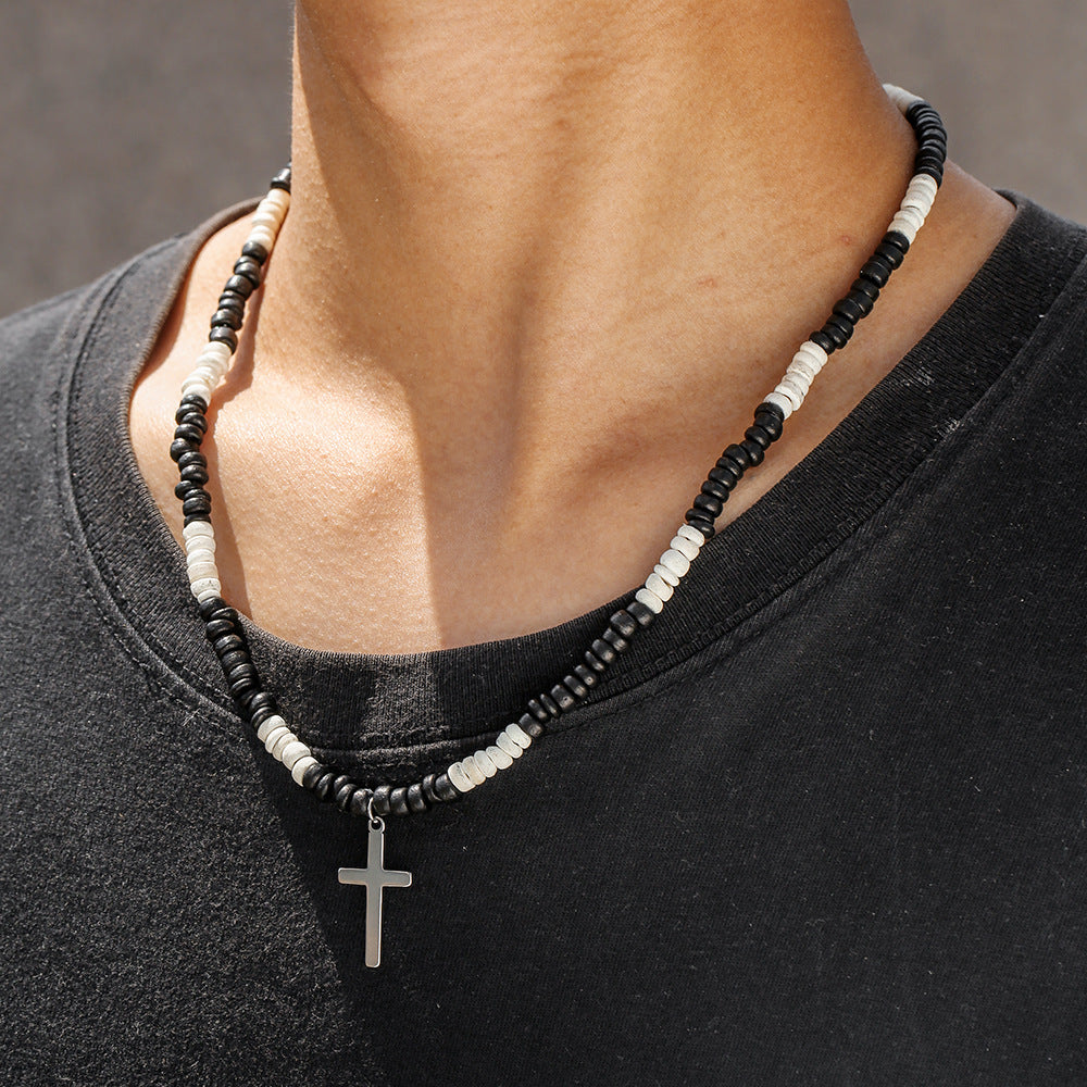 Bohemian Style Wooden Bead and Stainless Steel Cross Pendant Necklace for Men and Women with Geometric Shape and Handmade Craftsmanship