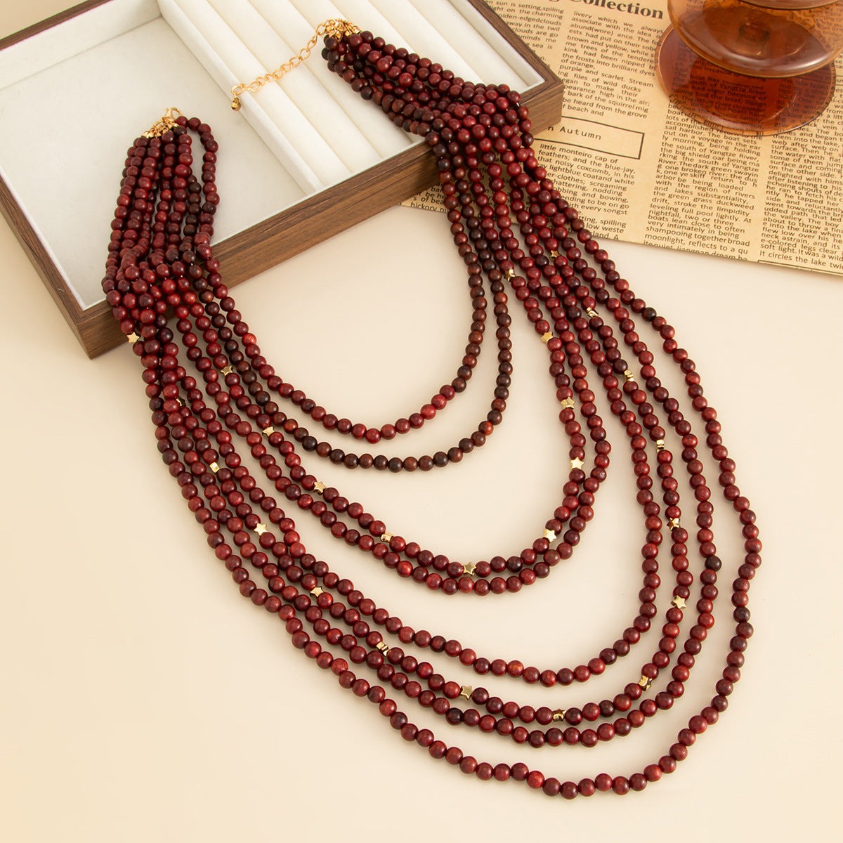 Vintage Geometric Wood Bead Necklace Multi-layered Ball Chain Long Pendant for Women