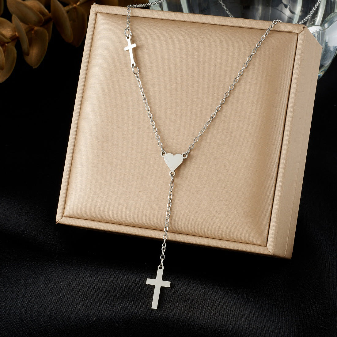 Gold Plated Stainless Steel Cross Heart Pendant Necklace with Tassel for Women