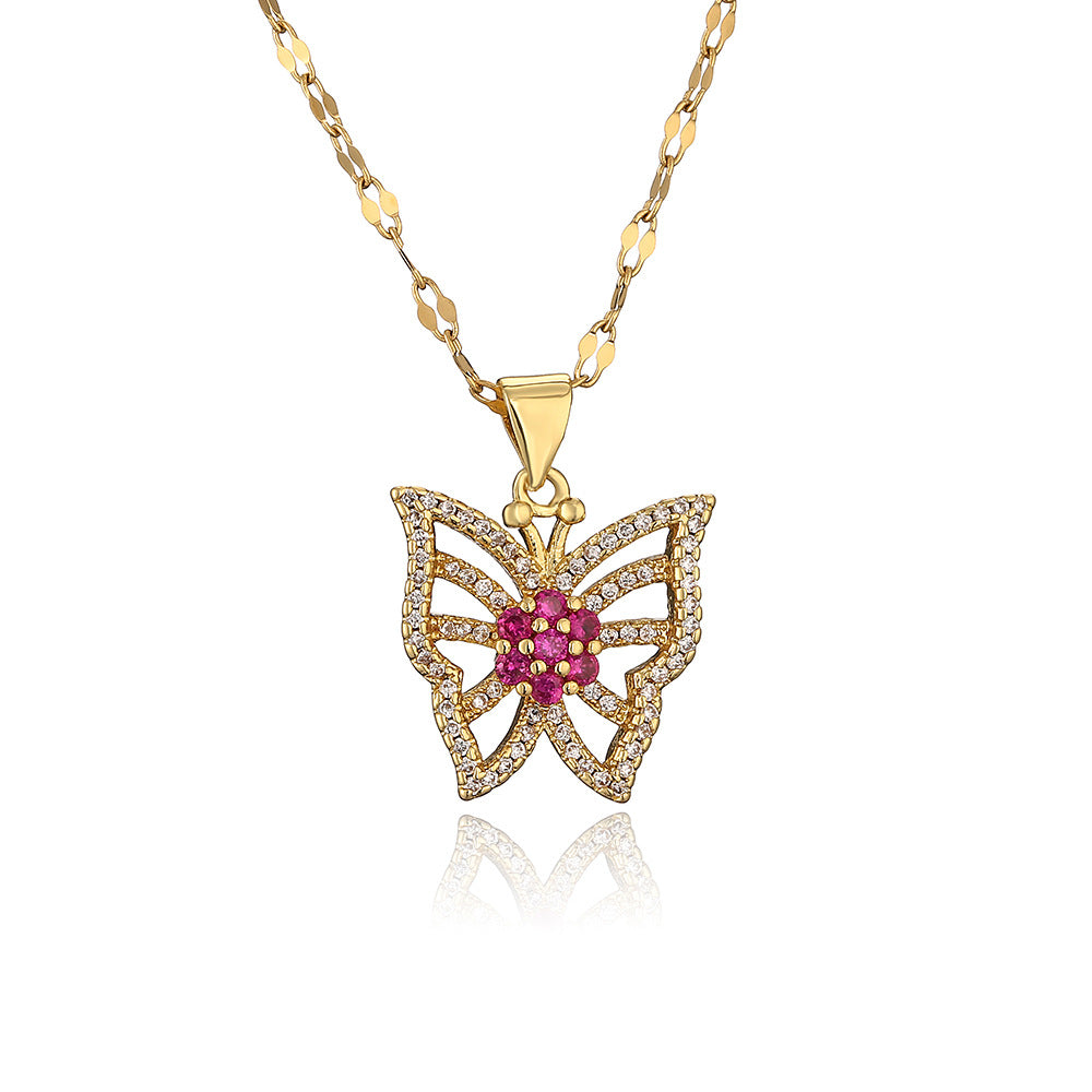 Collana con Pendente a Farfalla Minimalista da Donna Realizzata in Ottone con Placcatura in Oro Vero e Intarsio in Zirconi