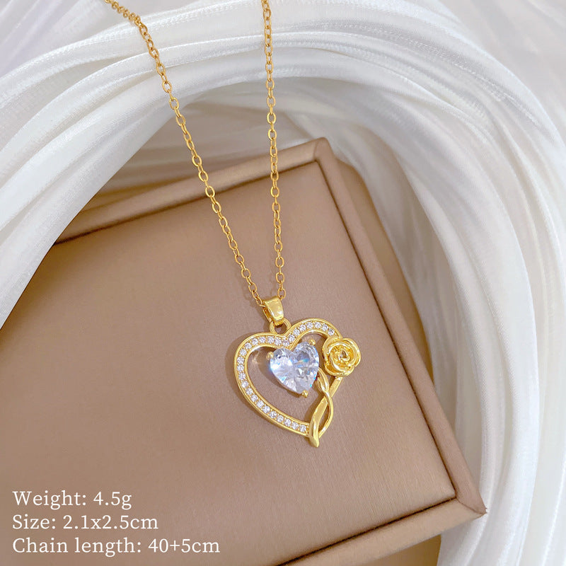 Sweet Minimalist Heart Rose Rhinestone Plated Titanium Steel Necklace Unisex Cable Chain