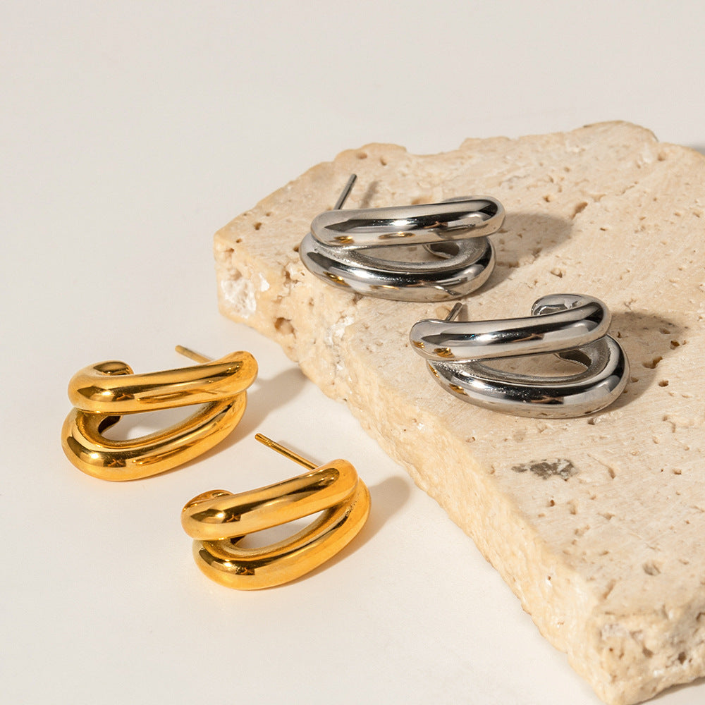 Trendy Geometric Double Layer Hollow C-Shaped 18K Gold Plated Stainless Steel Stud Earrings for Women