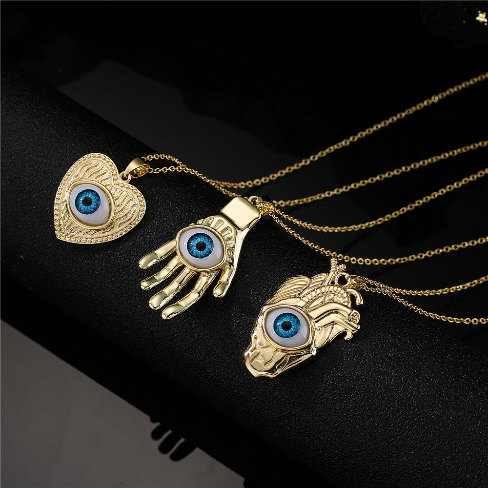 Punk Hip-hop Streetwear 18K Gold Plated Geometric Inlay Cubic Zirconia Eye Pendant Necklace with Cable Chain