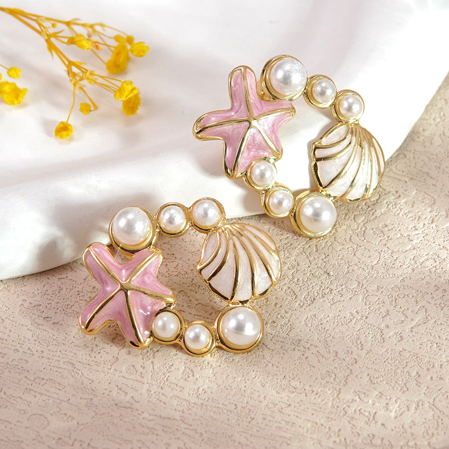 Sweet Drip Oil Pearl Shell Starfish Animal Stud Earrings in Stainless Steel for Women