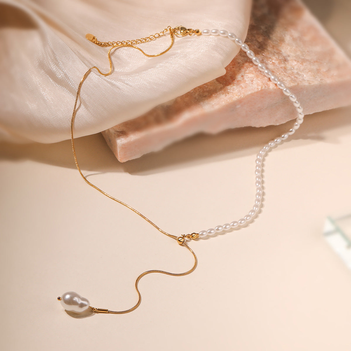 Minimalist Geometric Pearl Inlay Titanium Steel Necklace with Tassel for Women
