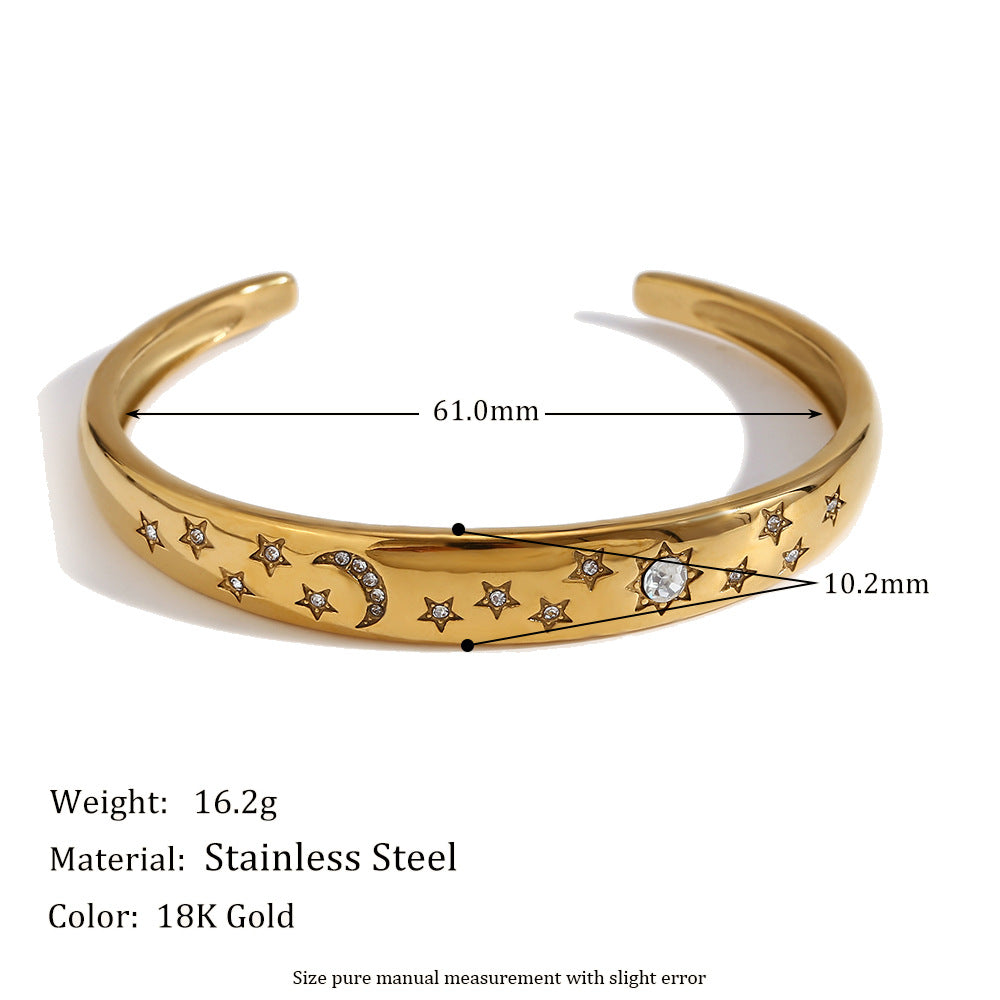 Fashionable Minimalist Star and Moon Shaped Stainless Steel Plated 18K Gold Bracelet with White Rhinestones for Women