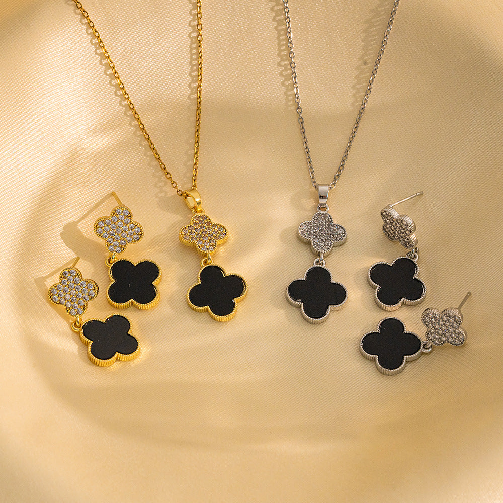 Set collana di lusso in acciaio al titanio geometrico con dettagli in strass micro-pavé e catena a maglie ovali per donna