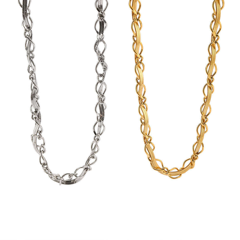 INS Style Geometric Flat Snake Chain Necklace and Bracelet Set in Stainless Steel with 18K Gold Plating for Women