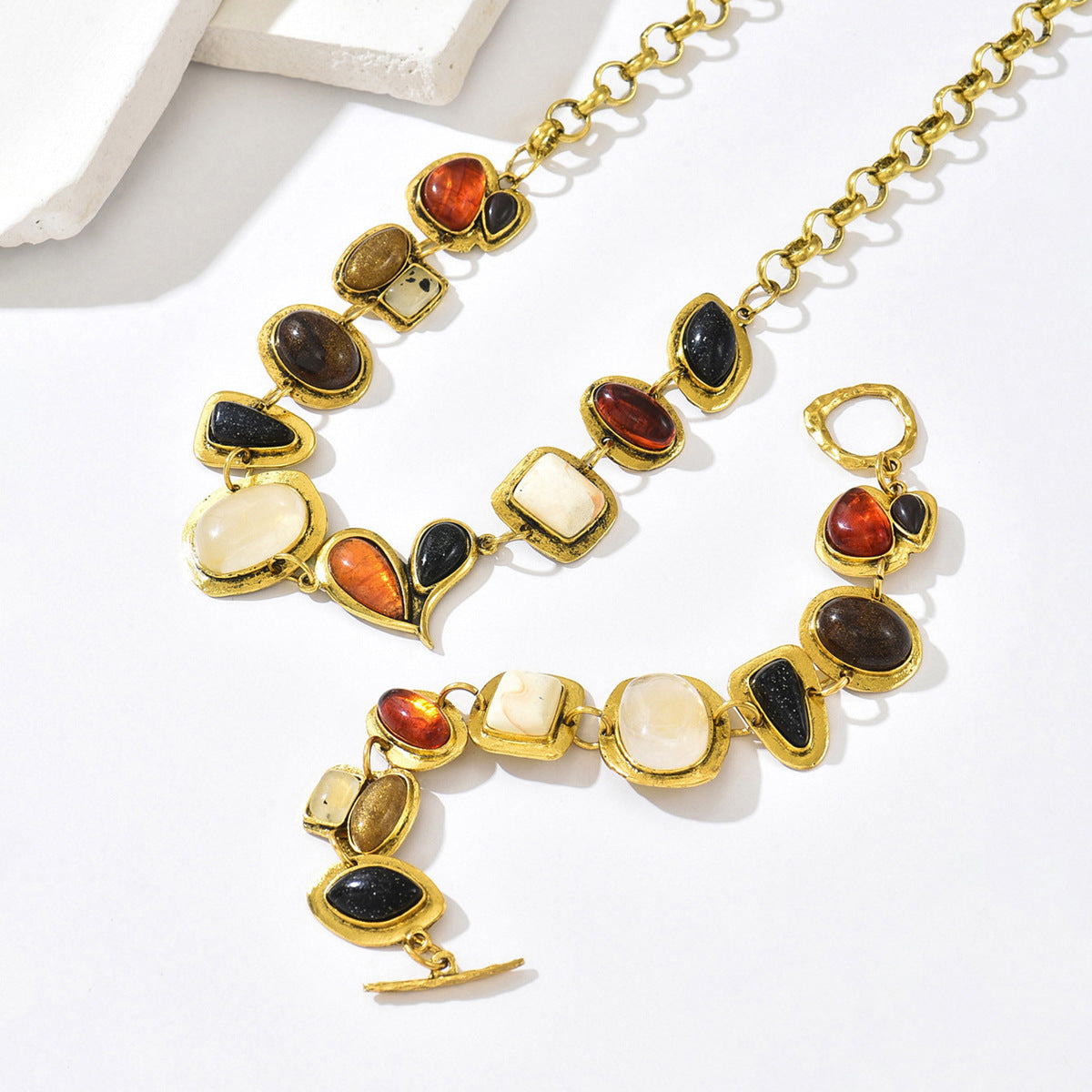 Luxury Geometric Shape Alloy Necklace and Bracelet Set with Gemstone Inlay for Women