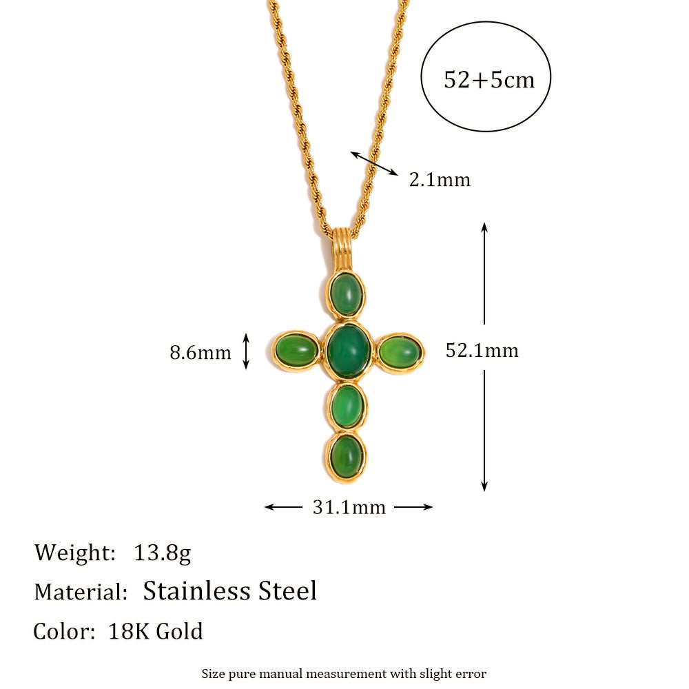 Vintage Style Cross Pendant Necklace for Women in Stainless Steel with 18K Gold Plating and Green Gemstone Accent