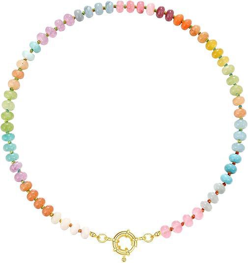 Sweet 8mm Natural Stone Bead Necklace Stainless Steel Geometric Round Ball Chain for Women