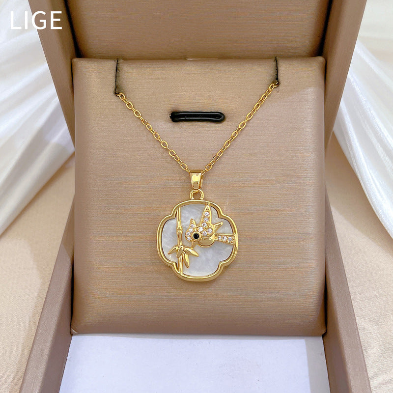 Minimalist Shell and Woodpecker Pendant Necklace in Titanium Steel with Rhinestone Inlay for Women and Men