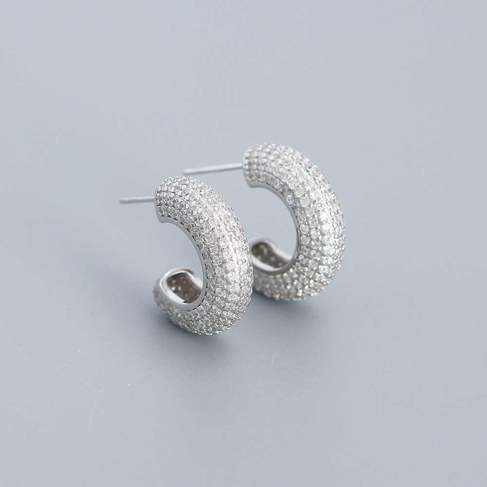 Orecchini a Cerchio Eleganti da Donna in Argento Sterling 925 con Inlay Geometrico Rotondo di Strass