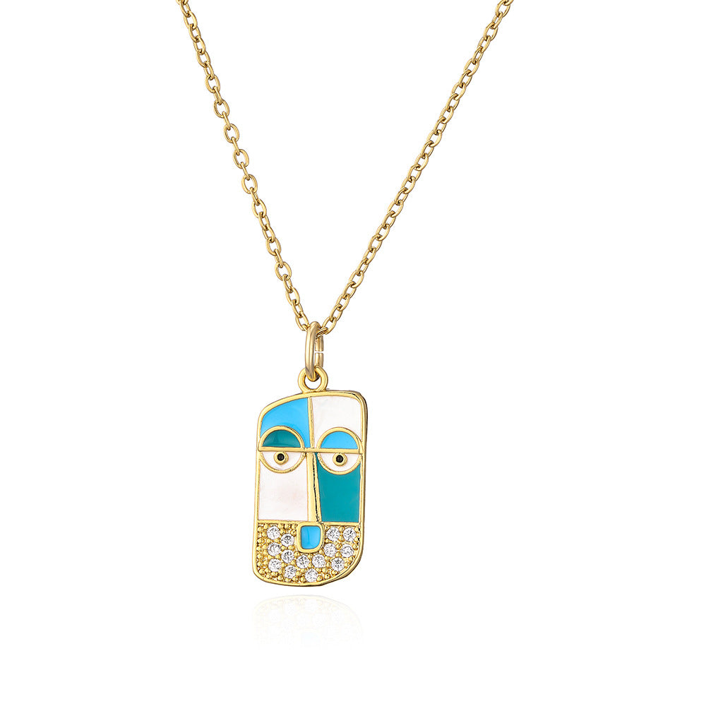 Collana con ciondolo in rame geometrico creativo placcato oro con intarsio di strass e design a ritratto smaltato per donna