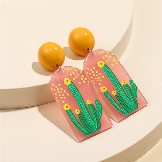 Rustic Cactus-Shaped Acrylic Stud Earrings with 925 Sterling Silver Posts for Kids and Teens
