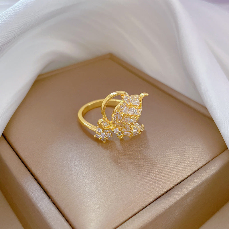 Butterfly Bowknot Rhinestone Adjustable Ring in Brass with Plated Finish for Women Minimalist Japanese Style Fashion Jewelry