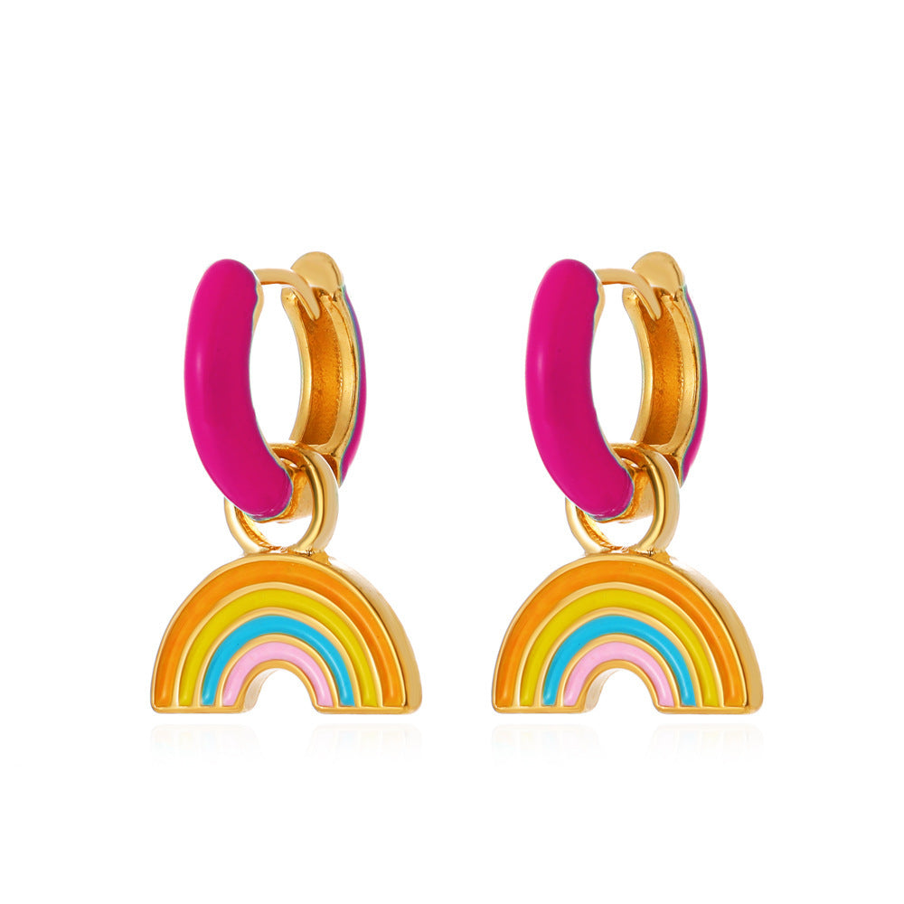 Orecchini da donna in lega con cuore arcobaleno minimalista a strisce effetto olio a goccia