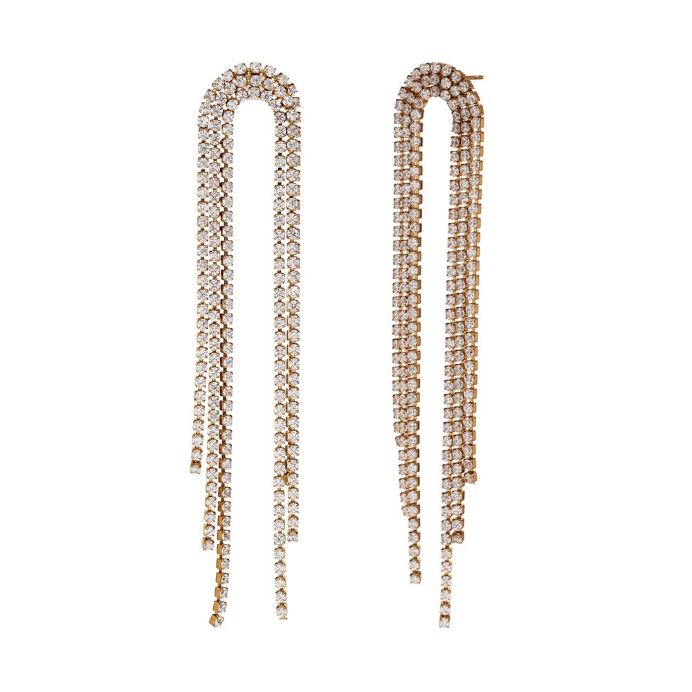 Orecchini a polsino geometrici alla moda in acciaio inossidabile con placcatura in oro 18 carati e pendenti a forma di arco con zirconi micro-incastonati da donna