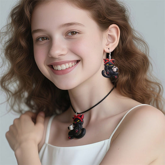 Halloween Cat Pendant Necklace Set for Girls with Bowknot Design, Resin Material, Enamel Finish, Round Bead Chain, Children's Holiday Jewelry