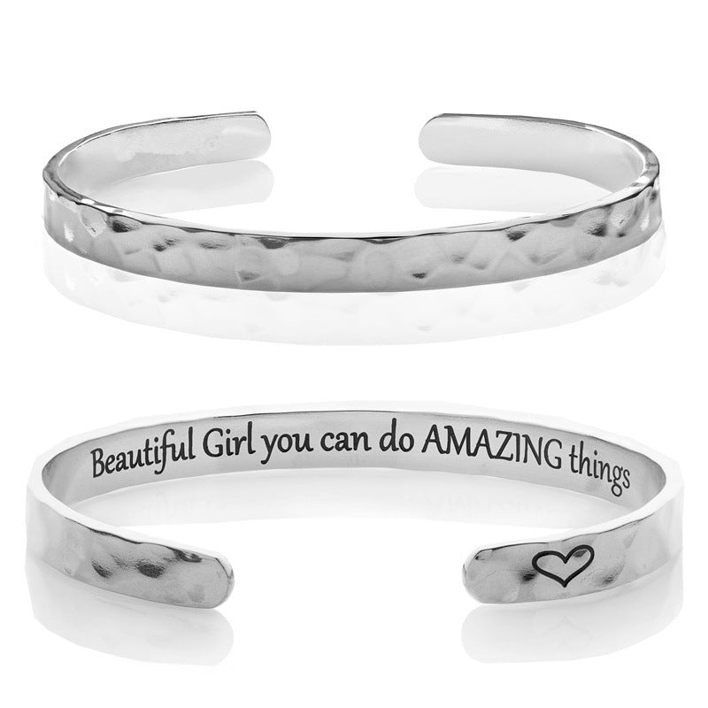 Minimalist Stainless Steel Engraved Open Moon Surface Textured Hammered Bracelet