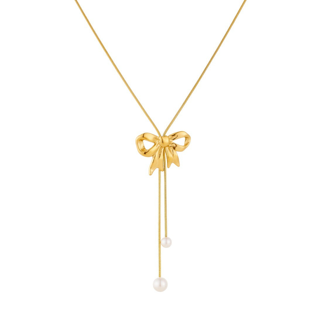 Gold Plated Bow Pearl Tassel Stainless Steel Snake Chain Necklace