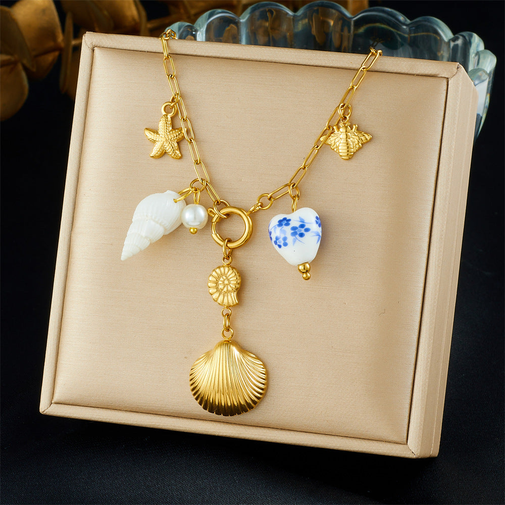 Chic Stainless Steel Plated Heart Pendant Necklace with Seashell Starfish Print for Women Summer Vacation