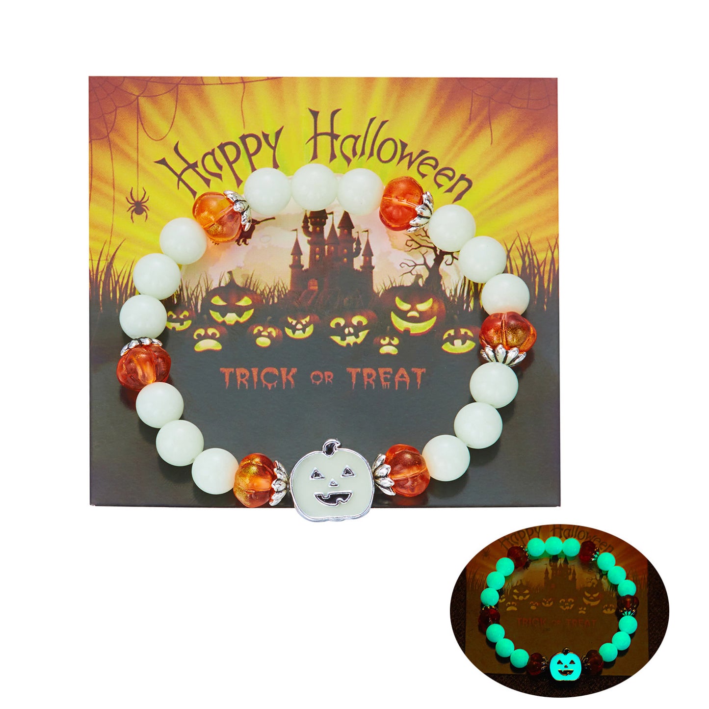 Pulsera de aleación con cuentas de calabaza y fantasma que brillan en la oscuridad para Halloween, con estilo lindo y atrevido para hombres y mujeres