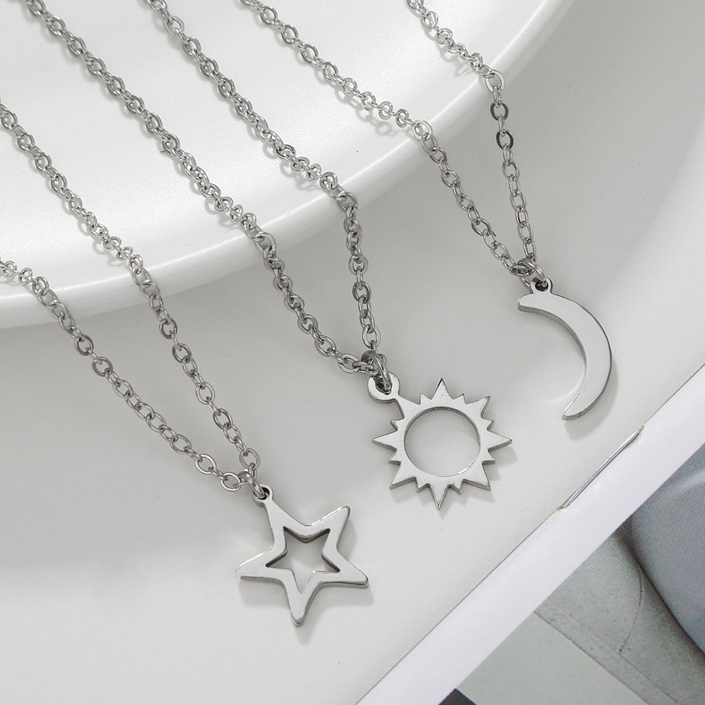Creative Sun Moon Star Stainless Steel Cable Chain Necklace Set for Unisex
