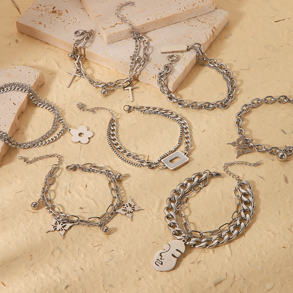 INS Style Butterfly and Cross Pendant Stainless Steel Multi-Layer Cuban Bracelet with Gold Plating for Unisex