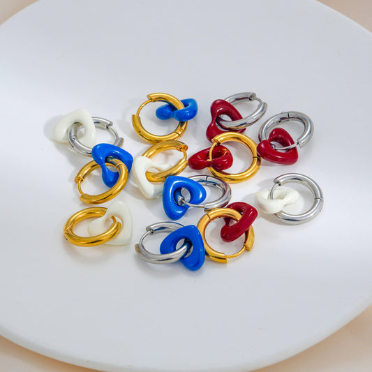 Orecchini a Cuore Minimalisti in Acciaio Inossidabile Stile Francese, con Smalto Dipinto a Mano e Placcatura in Oro 18K da Donna