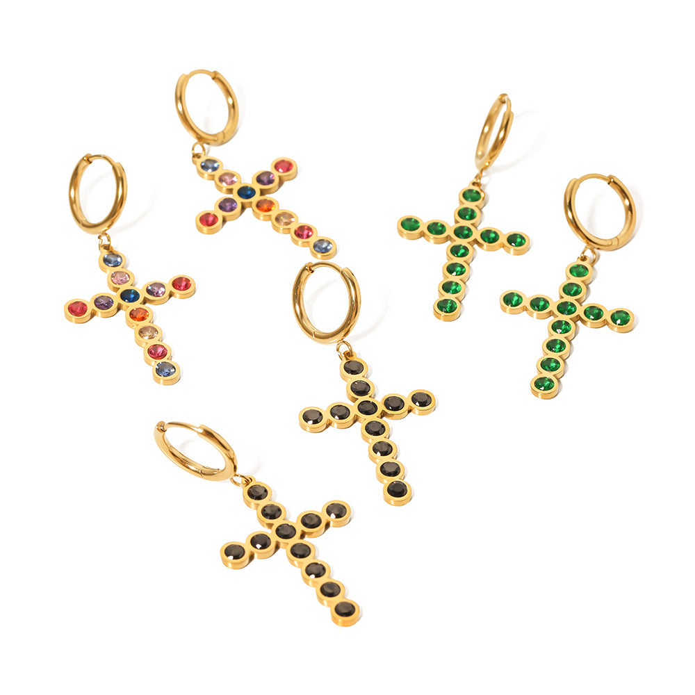 Ins Style Geometric Stainless Steel Cross Stud Earrings with Green Black Colorful or White Zircon Inlay Plated for Women
