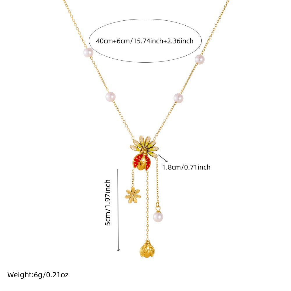 Cute Cartoon Ladybug Drip Oil Yellow White Gradient Pearl Tassel Necklace and Earring Set for Women