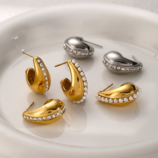 Orecchini da donna minimalisti geometrici a C scavati con strass e placcati in oro 18 carati in acciaio inossidabile