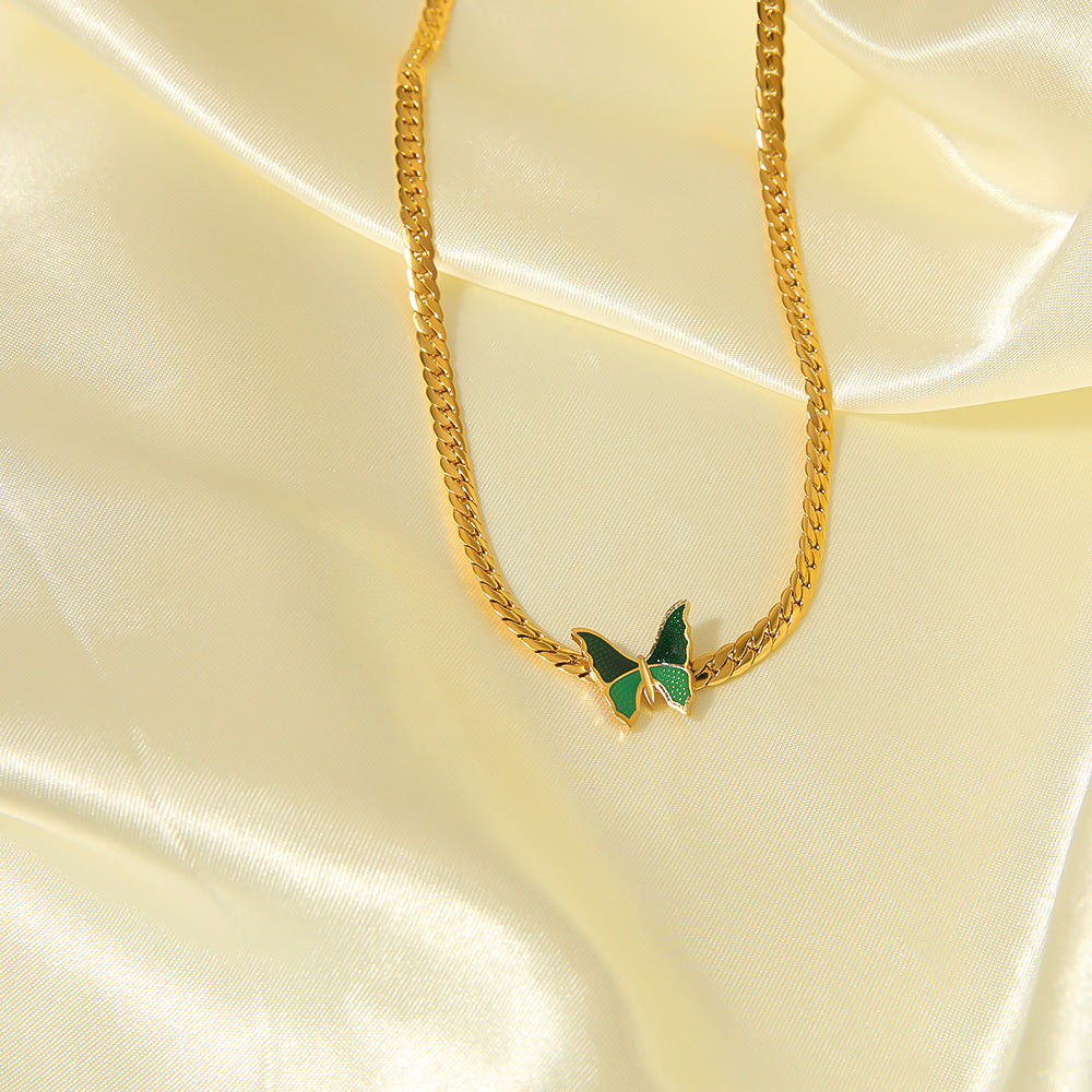 Vintage French Style Green Butterfly Pendant Necklace in Stainless Steel with 18K Gold Plating on Snake Chain for Women