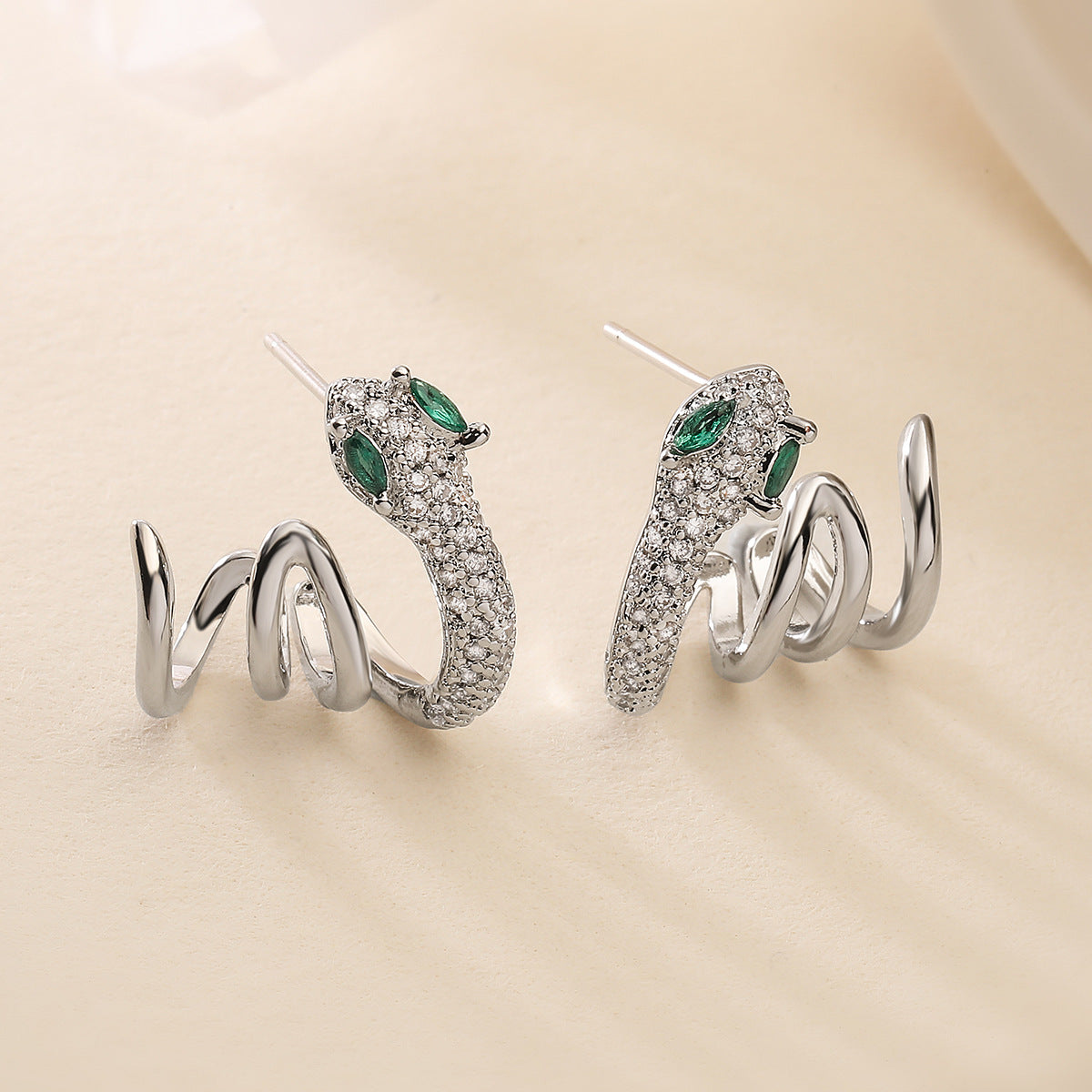 Minimalist Snake-Shaped Copper Earrings with 18K Gold Plating and Zircon Inlay for Women