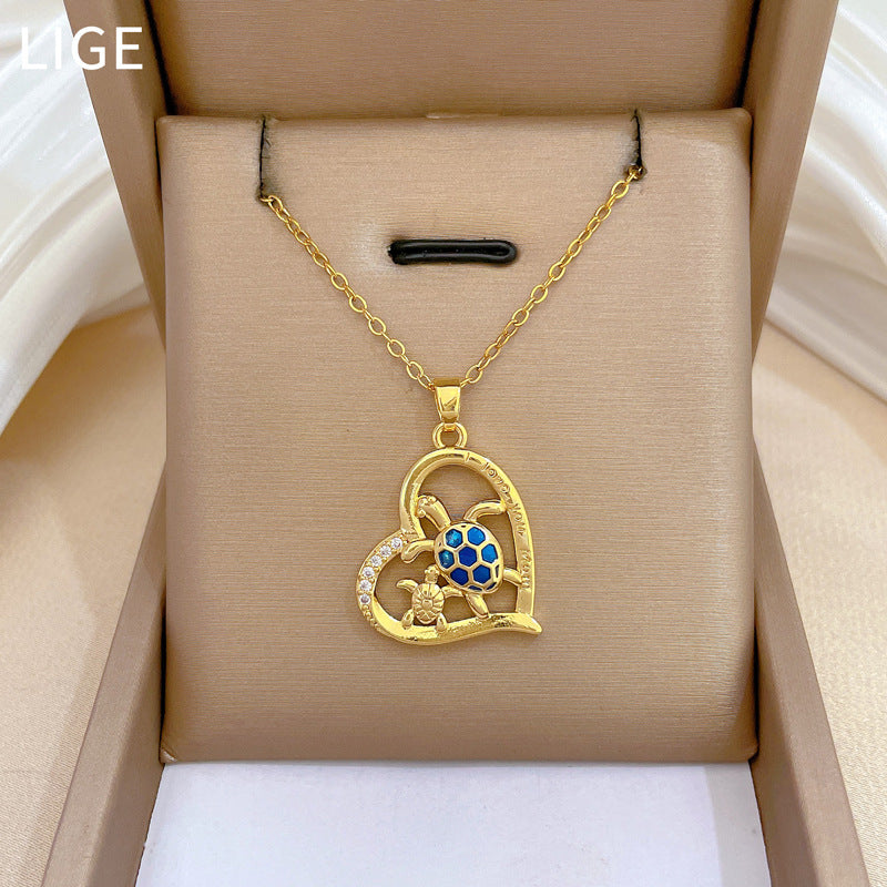 Cartoon Style Turtle Heart Pendant Necklace for Women Stainless Steel Snake Chain with Rhinestone Inlay and Geometric Design