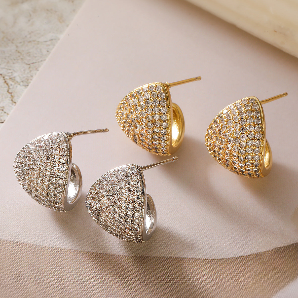Luxury Minimalist Geometric 18K Gold Plated Brass Cubic Zirconia Inlay C-Shape Earrings for Women