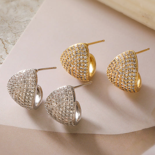 Luxury Minimalist Geometric 18K Gold Plated Brass Cubic Zirconia Inlay C-Shape Earrings for Women