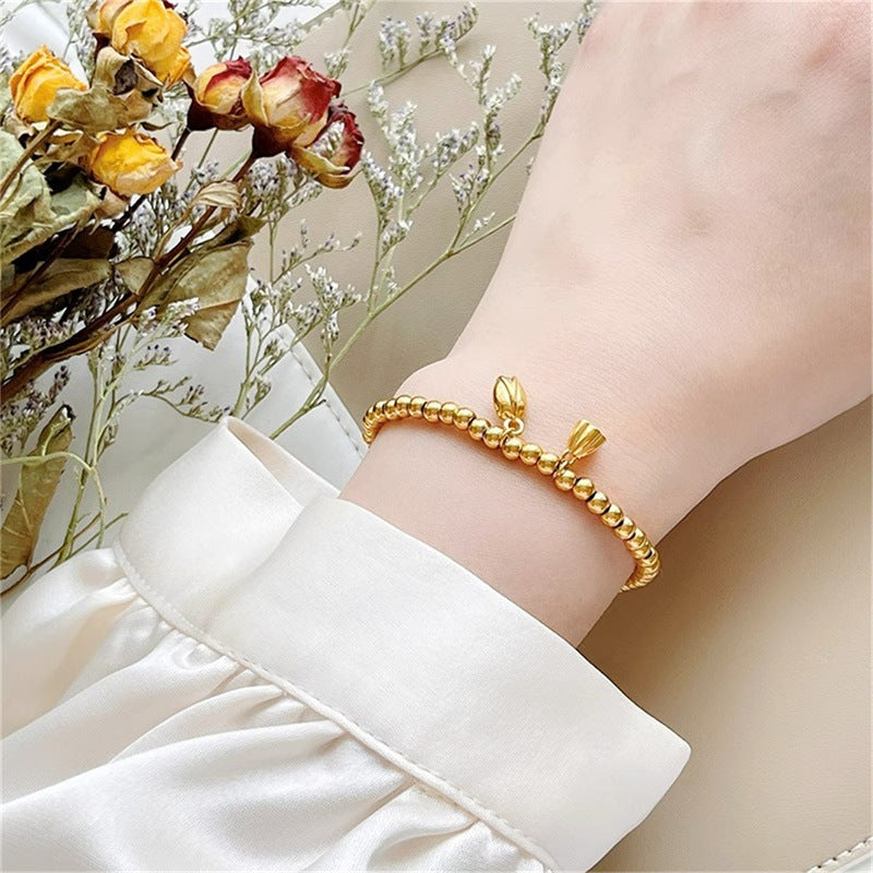 Pulsera con diseño geométrico de semillas y vainas de loto, estilo OL, de acero inoxidable con chapado en oro