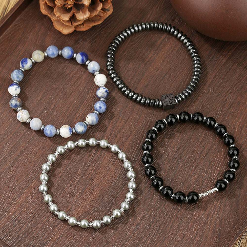 Vintage Men's Geometric Hand-beaded Bracelet with Black Agate, Hematite and Pearl Beads