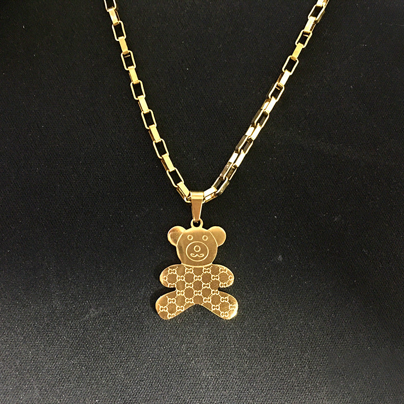 Collana con ciondolo a orso minimalista in acciaio al titanio con finitura placcata, catena a onda d'acqua, design geometrico, accessorio di moda unisex