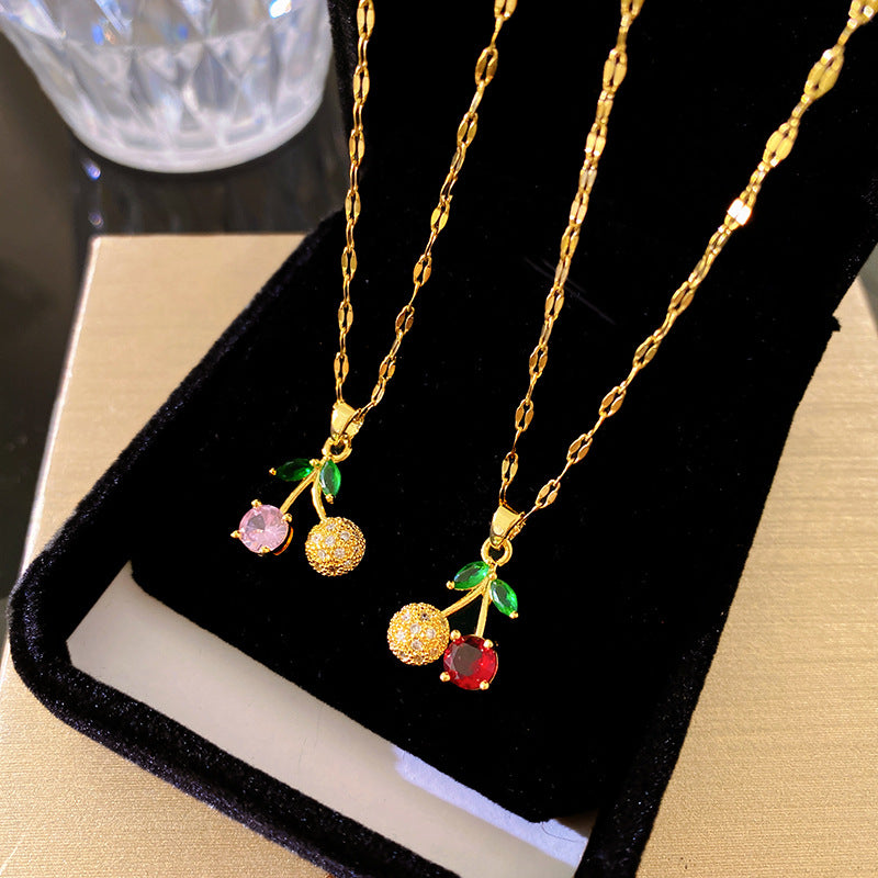 Sporty Sweet Gold Plated Brass Cherry Pendant Titanium Steel Necklace for Unisex