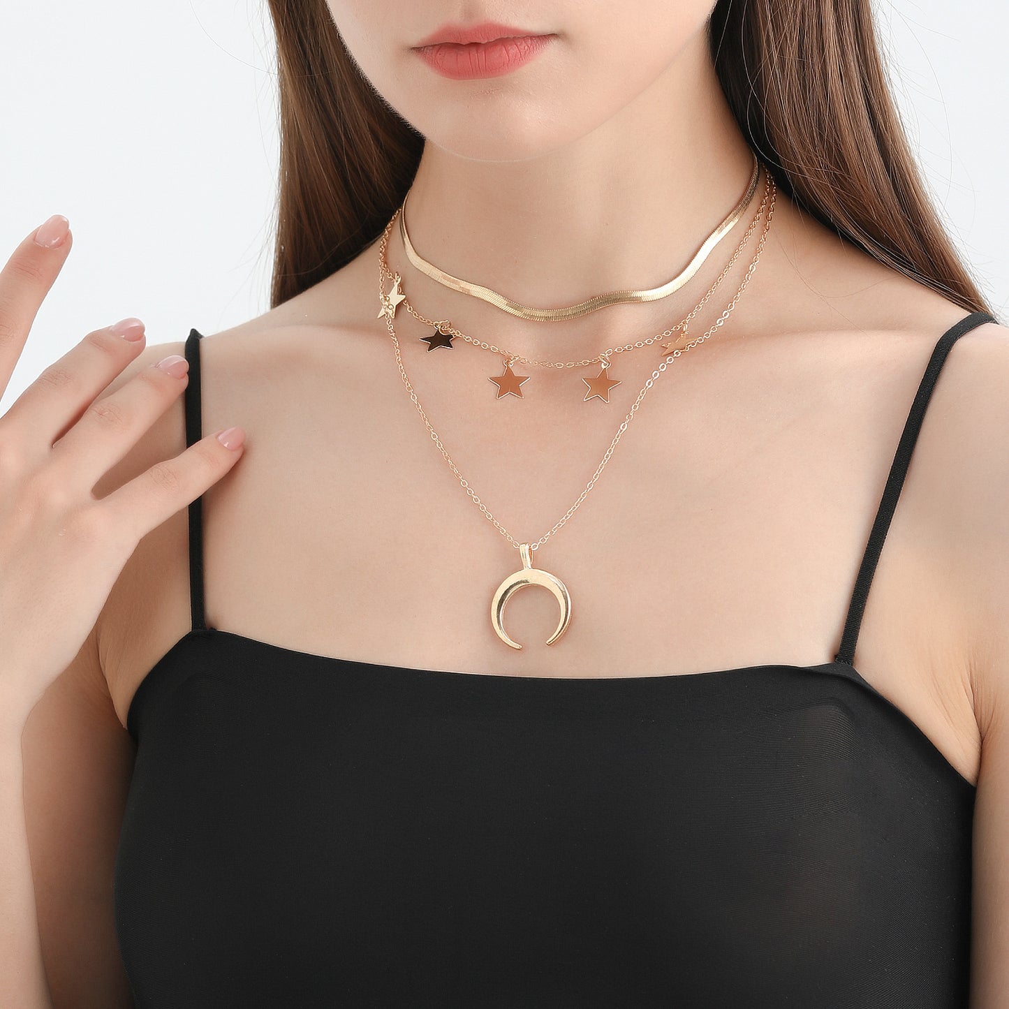 Punk Style Star and Crescent Moon Pendant Necklace with Tassels for Women Alloy Plated Clavicle Chain
