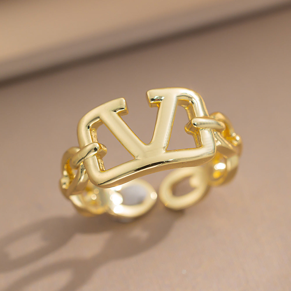 Luxury Minimalist Adjustable Open Ring for Women with Gold-Plated Copper Band and Zircon Stone Accent in Heart and Floral Shape