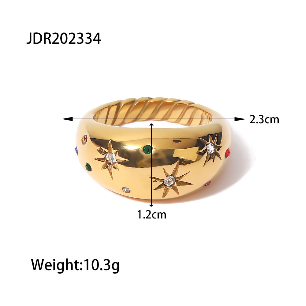 18K Gold Plated Geometric Round Stainless Steel Ring with Cubic Zirconia for Women