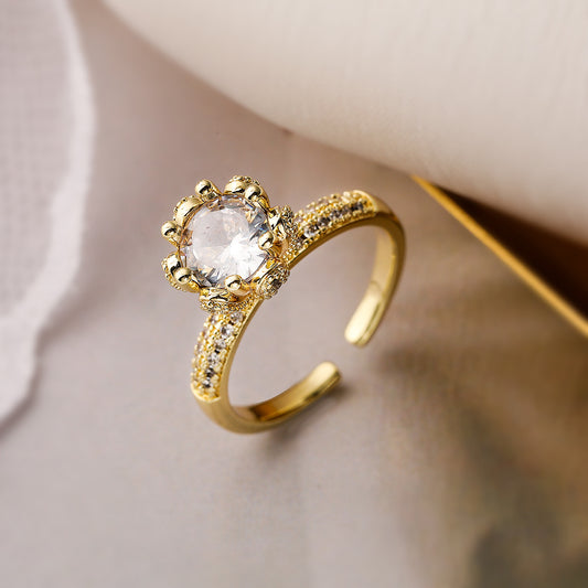 Minimalist Geometric Open Ring for Women Made of Brass with Real Gold Plating and Zircon Inlay