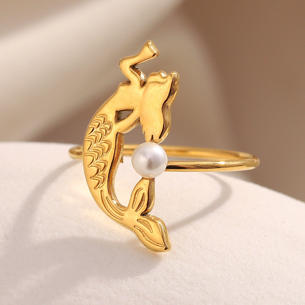 Minimalist Geometric Stainless Steel Ring with 18K Gold Plating and Pearl-Like Accents for Women