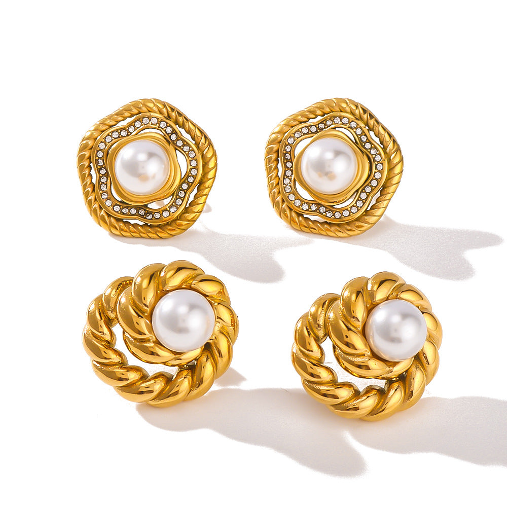 Orecchini a perno tondi vintage in acciaio inossidabile placcato oro con intarsio di perle e zirconi da donna